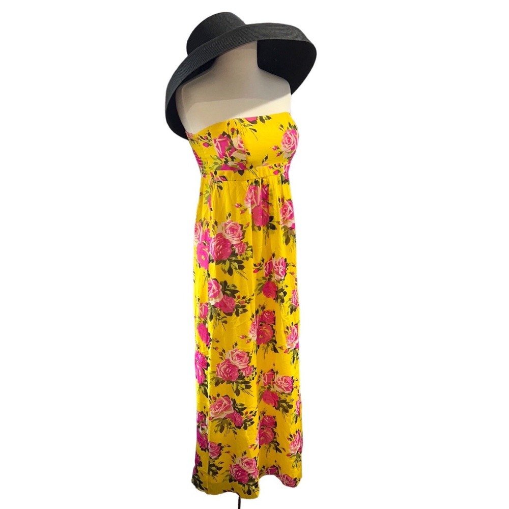 Vtg Betsey Johnson Silk Strapless Maxi Dress Yellow Rose Floral Coquette Sz 2 - Picture 6 of 16